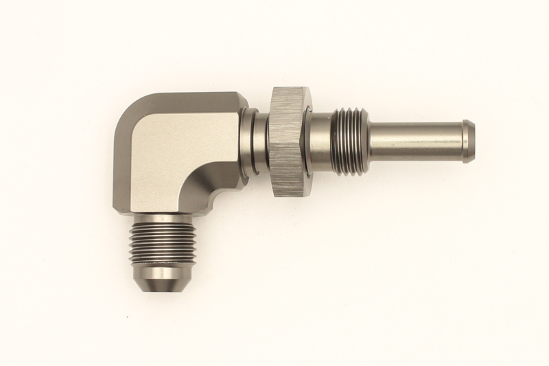 Picture of DeatschWerks 6AN Male Flare To 5-16in- Male Barb Bulkhead Adapter 90-Degree Incl- Nut