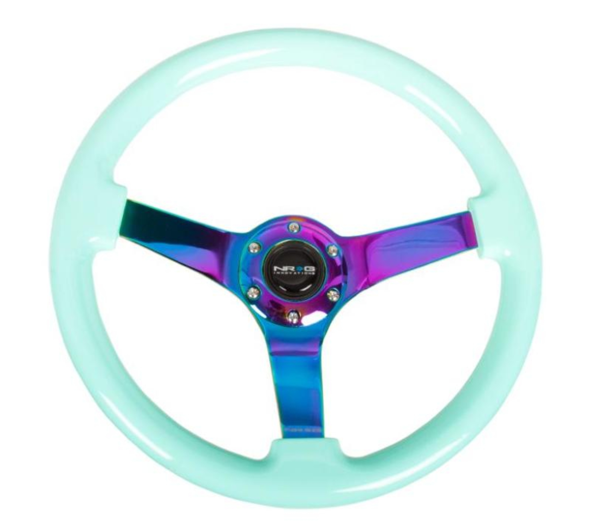 Picture of NRG Reinforc Steering Wheel 350mm - 3in- Deep Minty Fresh Wood Grain w-Neochrome 3-Spoke Center
