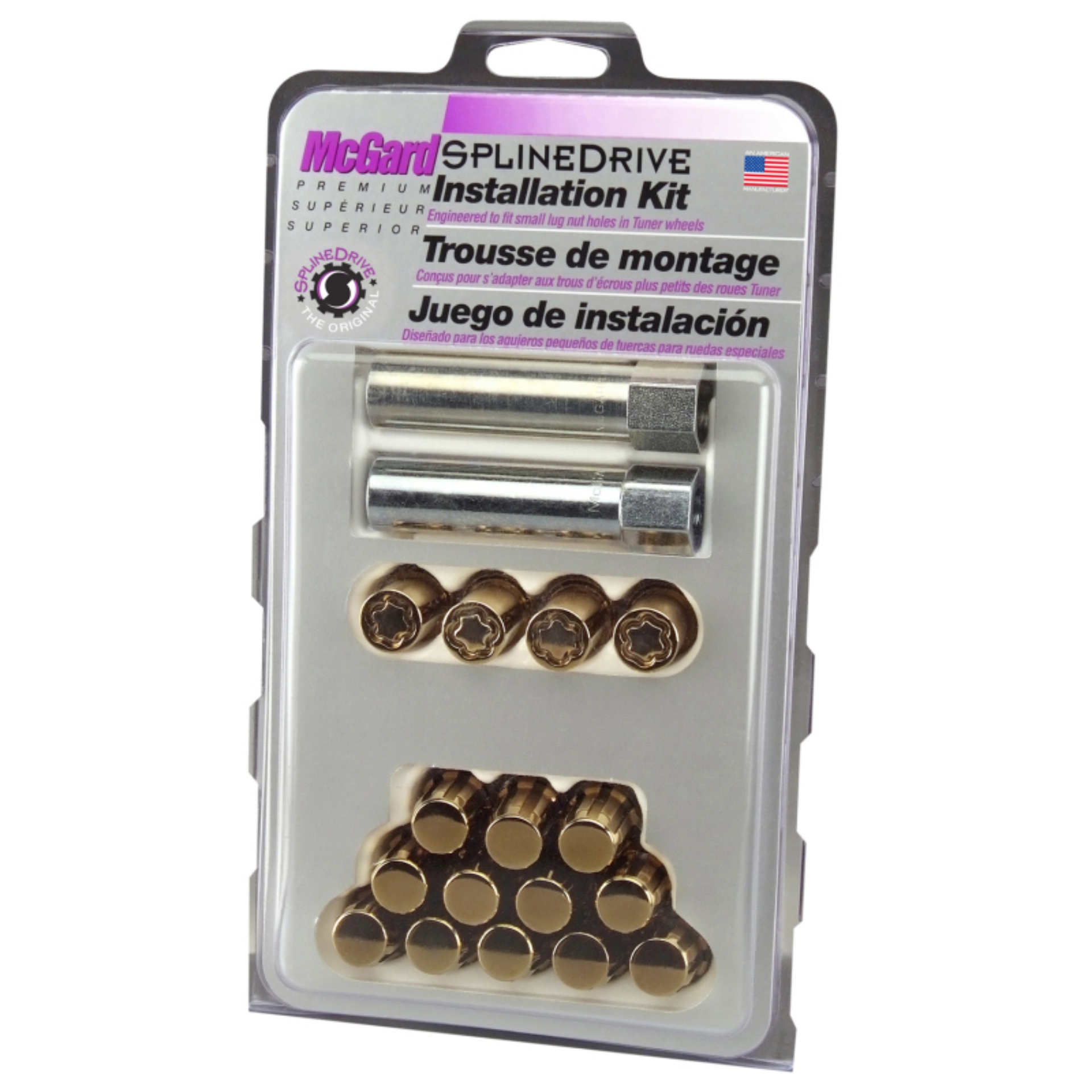 Picture of McGard SplineDrive Tuner 4 Lug Install Kit w-Locks & Tool Cone M12x1-25 - 13-16 Hex - Gold CS