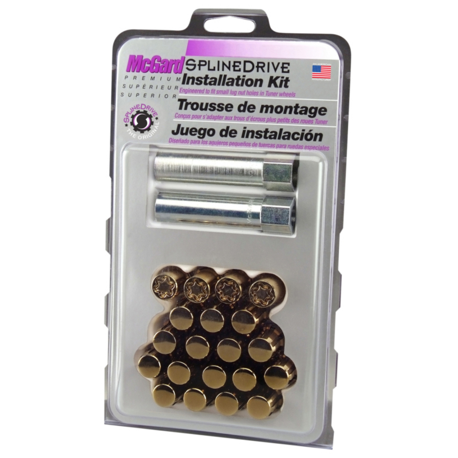 Picture of McGard SplineDrive Tuner 5 Lug Install Kit w-Locks & Tool Cone M12x1-25 - 13-16 Hex - Gold CS