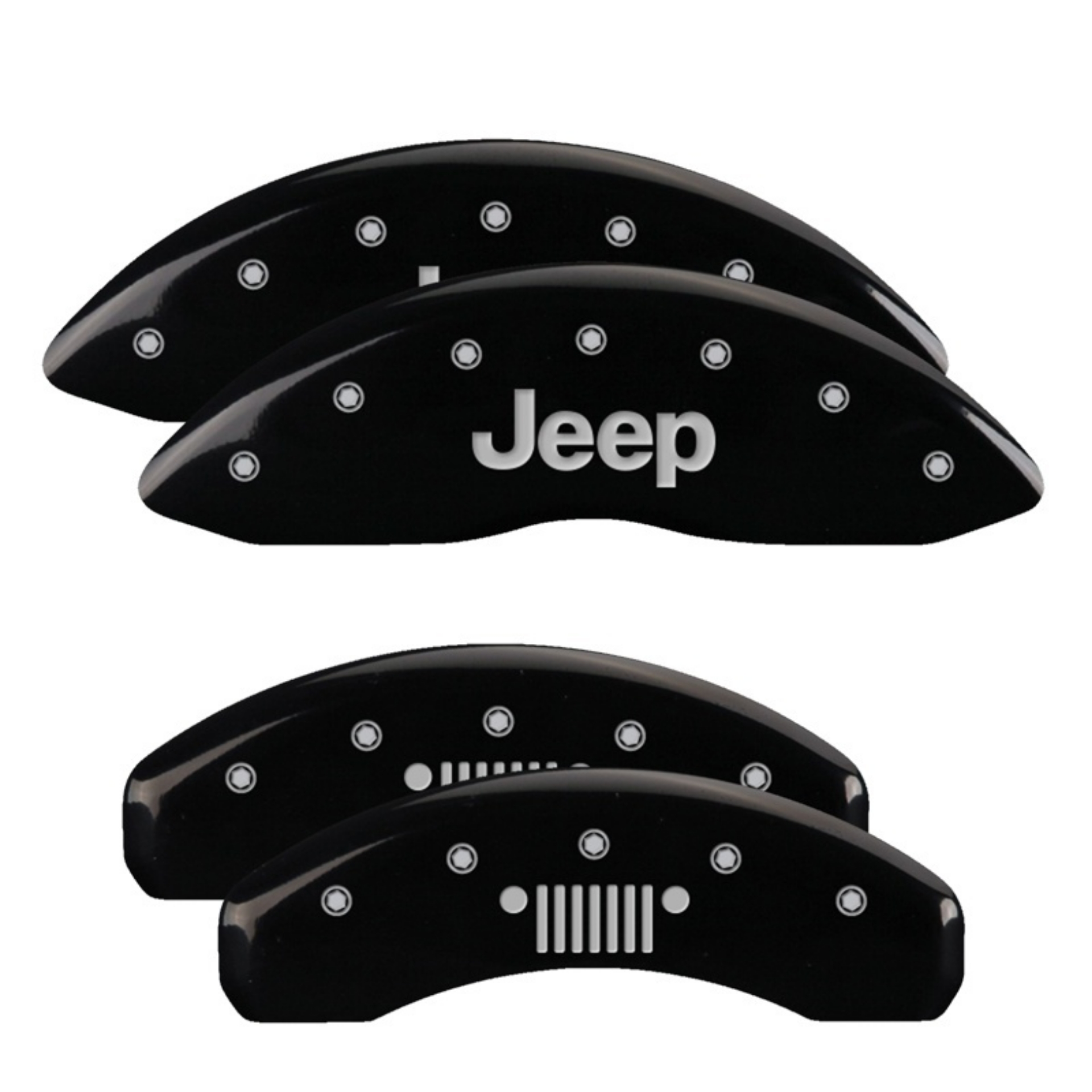 Picture of MGP 4 Caliper Covers Engraved F&R 11-18 Jeep Grand Cherokee Black Finish Silver Jeep-Jeep Grill Logo