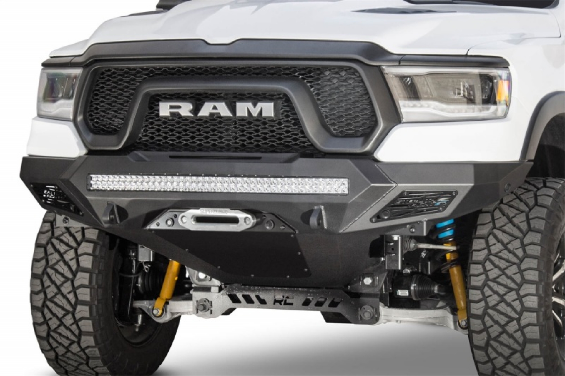 Picture of Addictive Desert Designs 2019 Ram Rebel 1500 Stealth Fighter Fr Bumper w-Winch&Parking Sensor Mounts