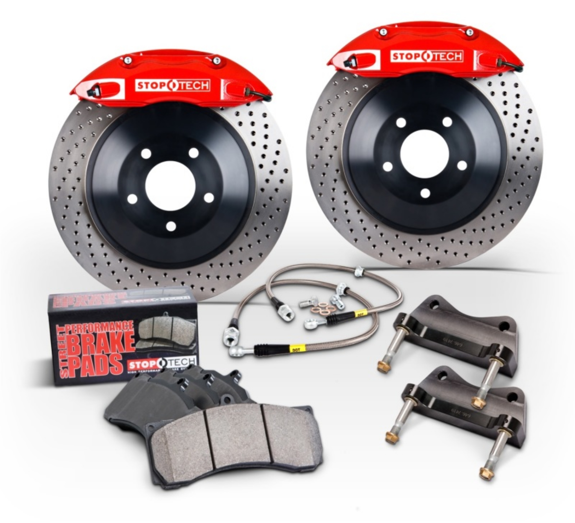 Picture of StopTech 15-18 Audi A3 Front BBK w-Red ST-41 Calipers 328x25mm Slotted Rotors