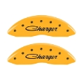 Picture of MGP 4 Caliper Covers Engraved Front & Rear 05-10 Dodge Charger R-T Yellow Finish Black Cursive Logo