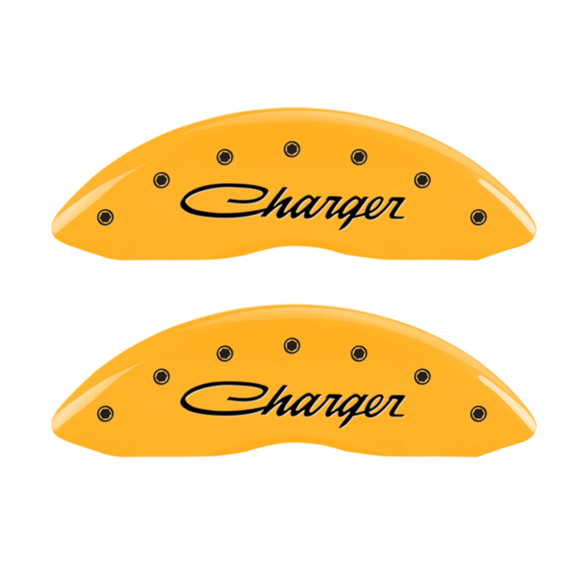 Picture of MGP 4 Caliper Covers Engraved Front & Rear 05-10 Dodge Charger R-T Yellow Finish Black Cursive Logo