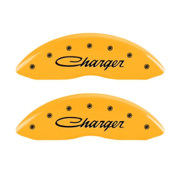 Picture of MGP 4 Caliper Covers Engraved Front & Rear 05-10 Dodge Charger R-T Yellow Finish Black Cursive Logo