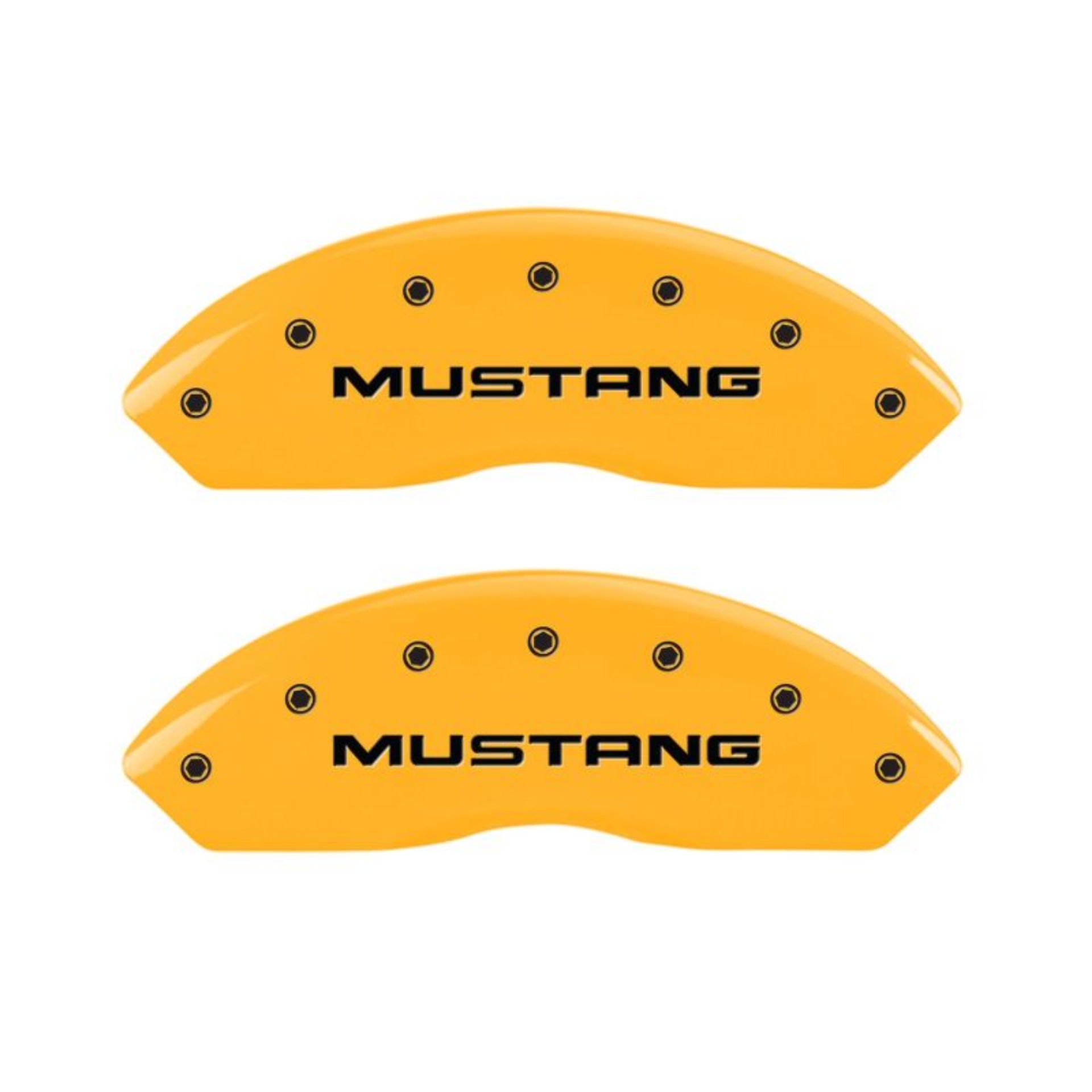 Picture of MGP 4 Caliper Covers Engraved Front Mustang Rear Pony Yellow Finish Black Char 2004 Ford Mustang