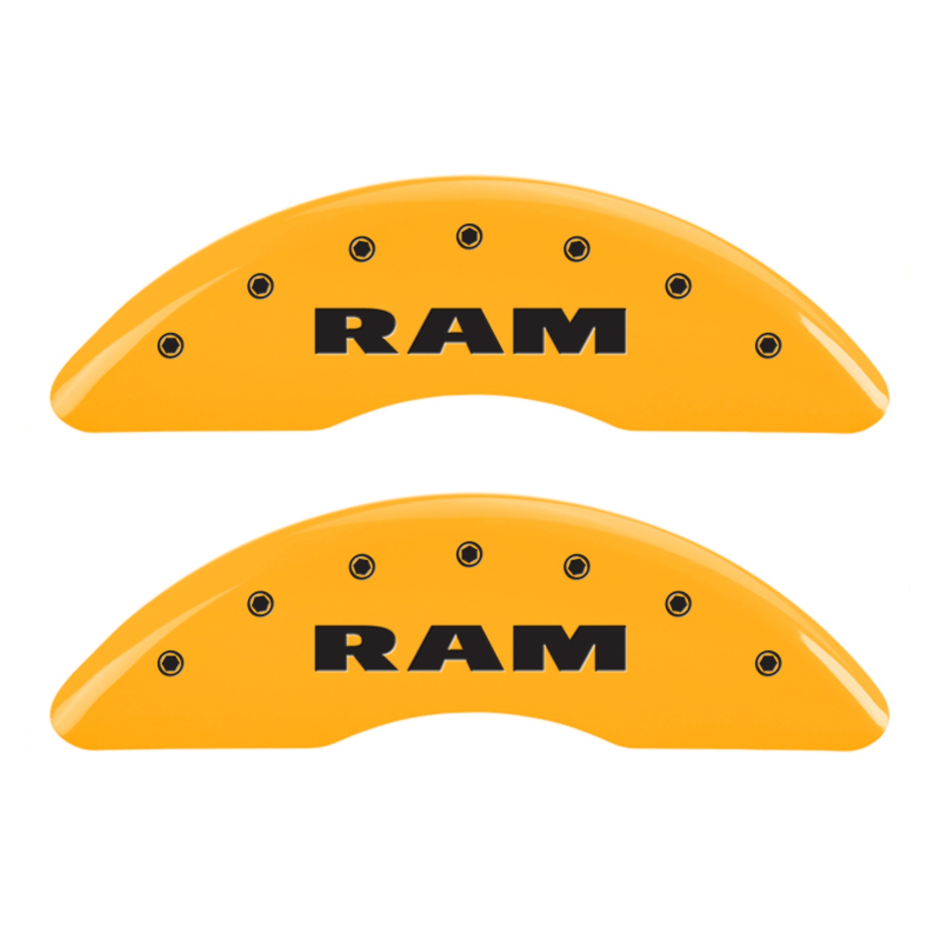 Picture of MGP 4 Caliper Covers Engraved Front Ram Rear Ramhead Yellow Finish Black Char 2010 Dodge Ram 2500