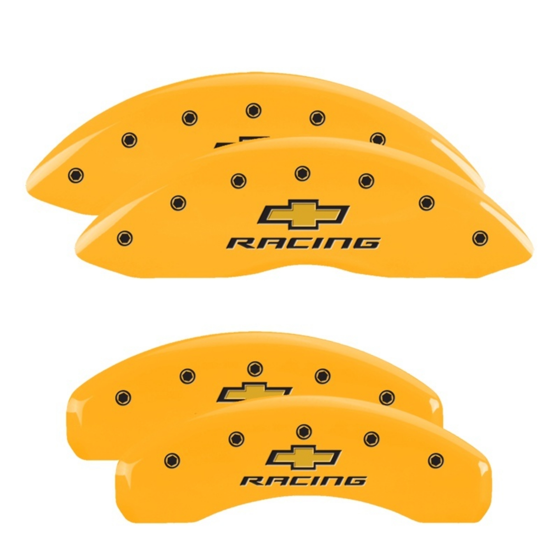 Picture of MGP 4 Caliper Covers Engraved F & R Chevy Racing Yellow Finish Black Char 2011 Chevrolet Camaro