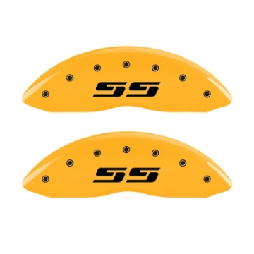 Picture of MGP 2 Caliper Covers Engraved Silverado SS Yellow Finish Blk Char 10 Chevy Silverado 1500