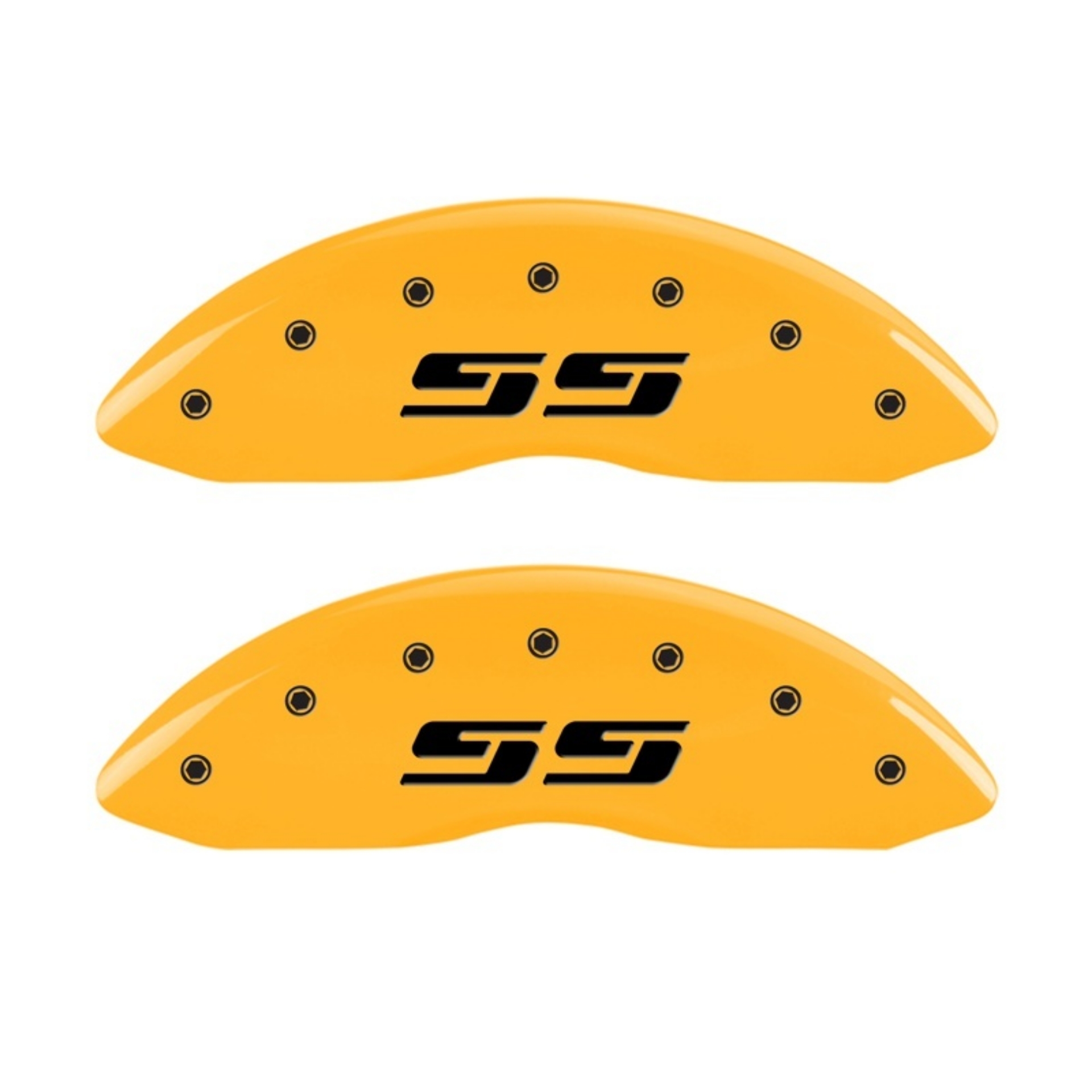 Picture of MGP 2 Caliper Covers Engraved Silverado SS Yellow Finish Blk Char 05 Chevy Silverado 1500