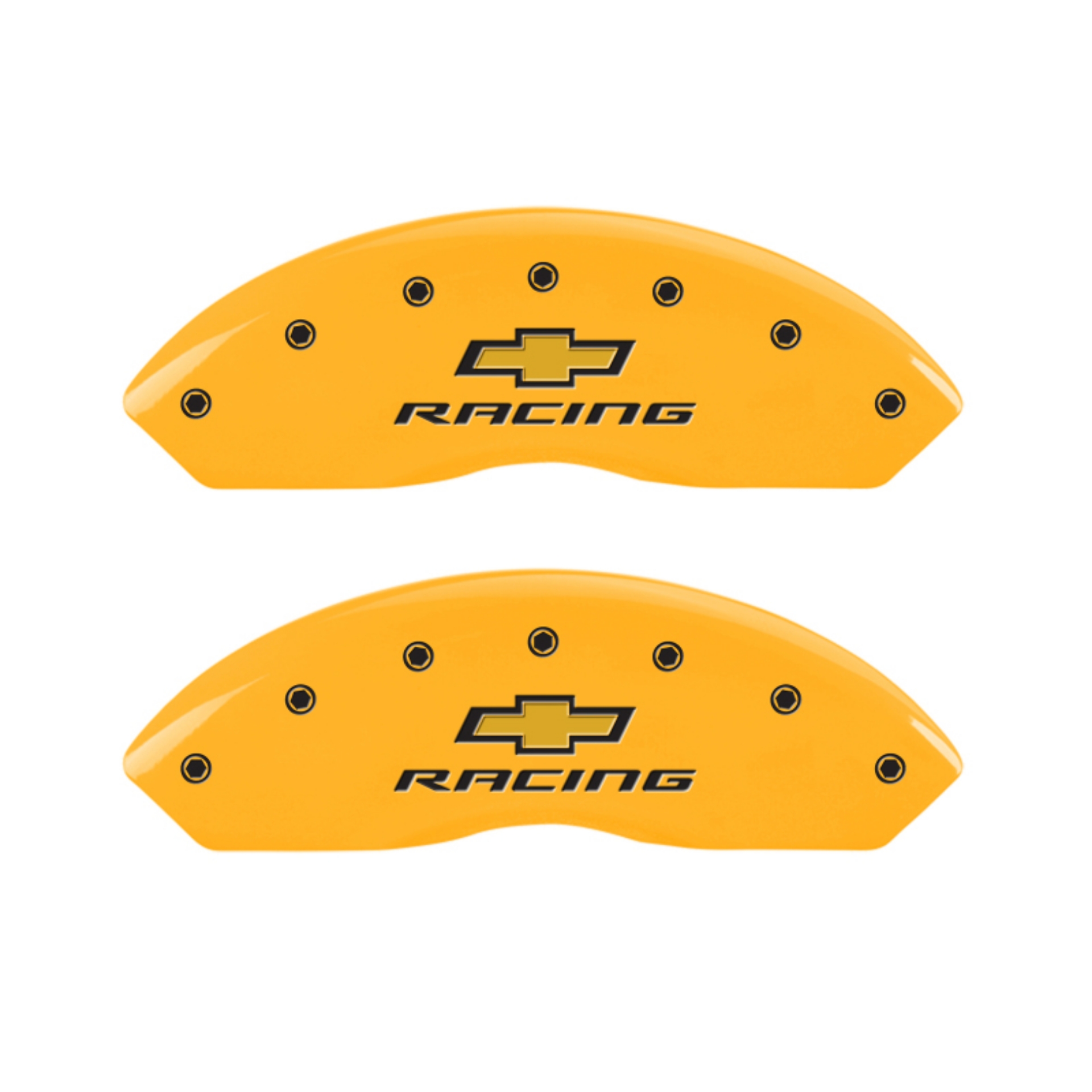 Picture of MGP 4 Caliper Covers Engraved F & R Chevy Racing Yellow Finish Black Char 2017 Chevrolet Camaro