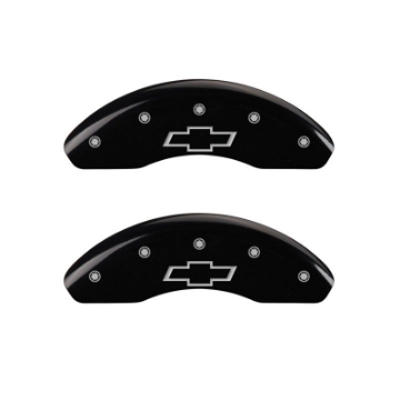 Picture of MGP 4 Caliper Covers Engraved Front & Rear Bowtie Black Finish Silver Char 2019 Chevrolet Bolt EV