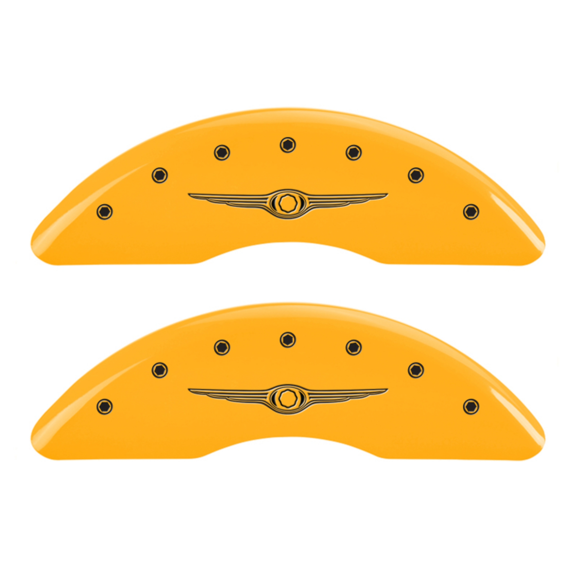 Picture of MGP 4 Caliper Covers Engraved F & R Chrysler Wing Yellow Finish Black Char 2004 Chrysler Pacifica