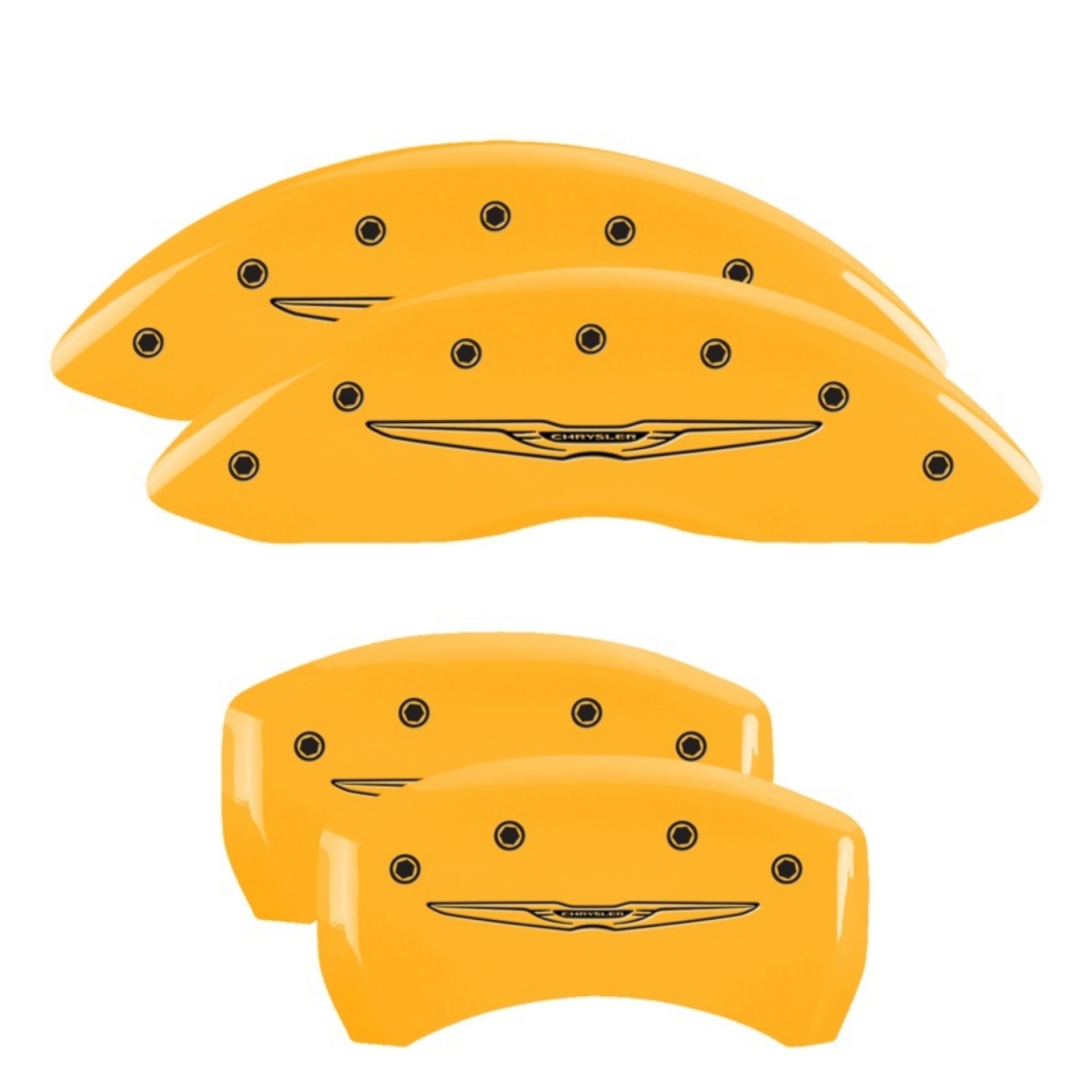 Picture of MGP 4 Caliper Covers Engraved F & R Chrysler Wing Yellow Finish Black Char 2017 Chrysler Pacifica