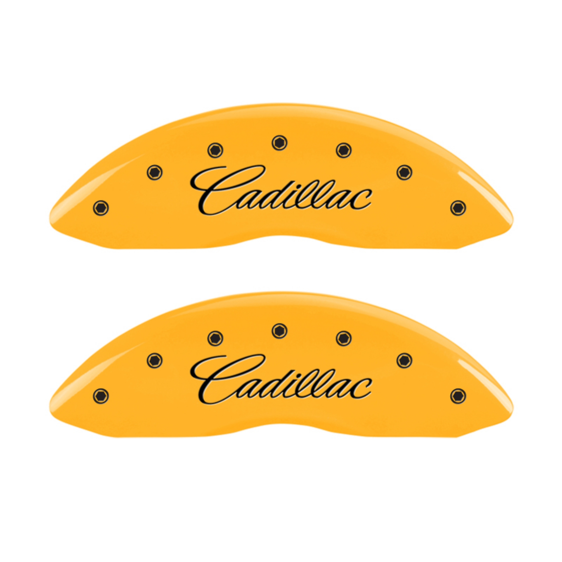Picture of MGP 4 Caliper Covers Engraved F & R Cursive-Cadillac Yellow Finish Black Char 2010 Cadillac SRX