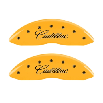 Picture of MGP 4 Caliper Covers Engraved F & R Cursive-Cadillac Yellow Finish Black Char 2010 Cadillac SRX