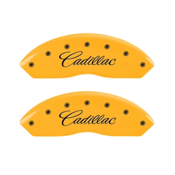Picture of MGP 4 Caliper Covers Engraved F & R Cursive-Cadillac Yellow Finish Black Char 2007 Cadillac DTS