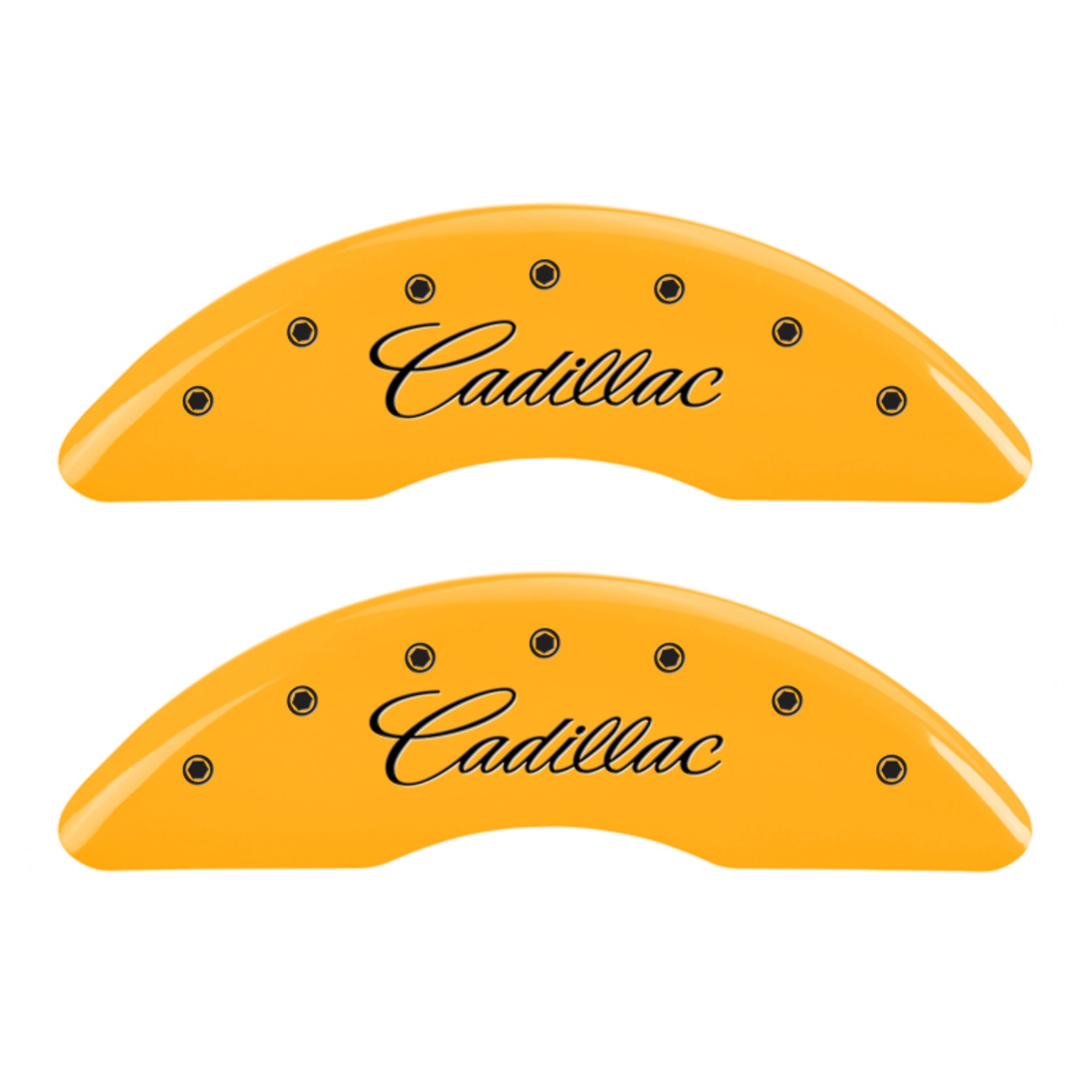 Picture of MGP 4 Caliper Covers Engraved F & R Cursive-Cadillac Yellow Finish Black Char 2017 Cadillac CT6