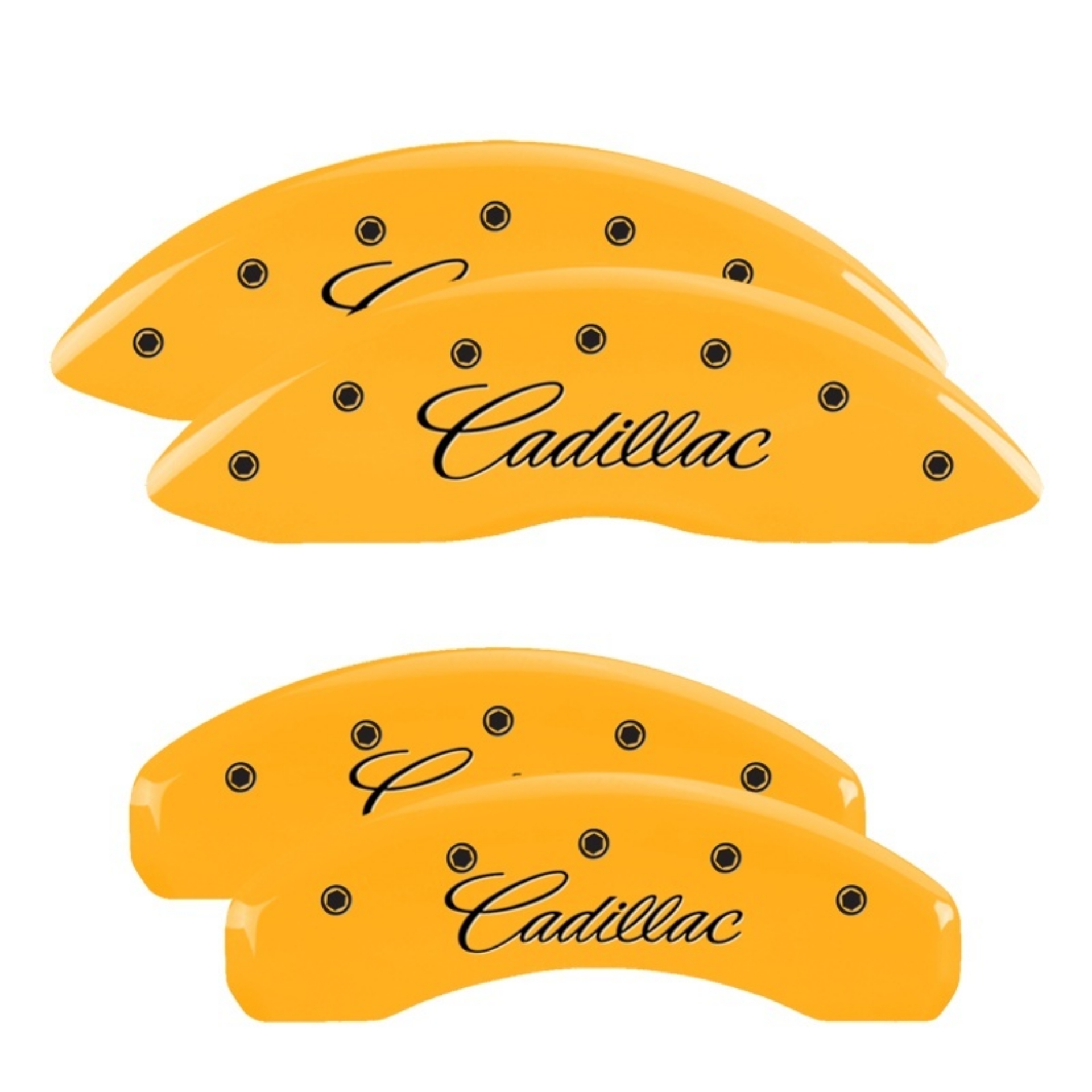 Picture of MGP 4 Caliper Covers Engraved F & R Cursive-Cadillac Yellow Finish Black Char 2014 Cadillac CTS