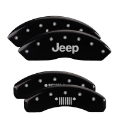 Picture of MGP 4 Caliper Covers Engraved Front Jeep Rear Grill Logo Black Finish Silver Char 2019 Jeep Wrangler
