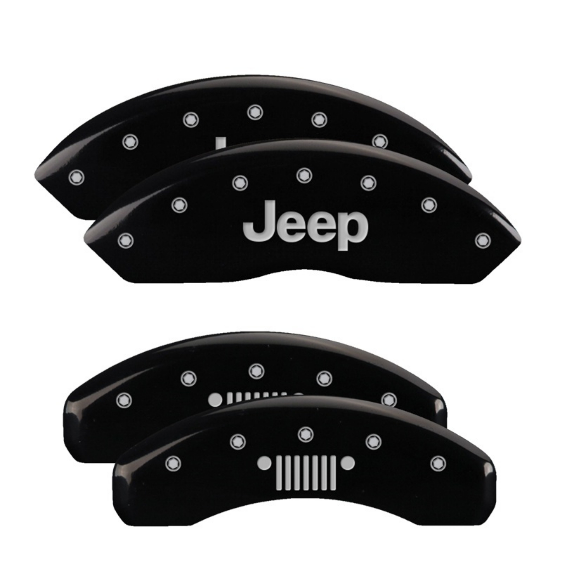 Picture of MGP 4 Caliper Covers Engraved Front Jeep Rear Grill Logo Black Finish Silver Char 2019 Jeep Wrangler