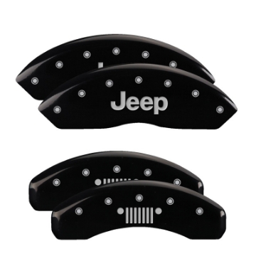 Picture of MGP 4 Caliper Covers Engraved Front Jeep Rear Grill Logo Black Finish Silver Char 2019 Jeep Wrangler