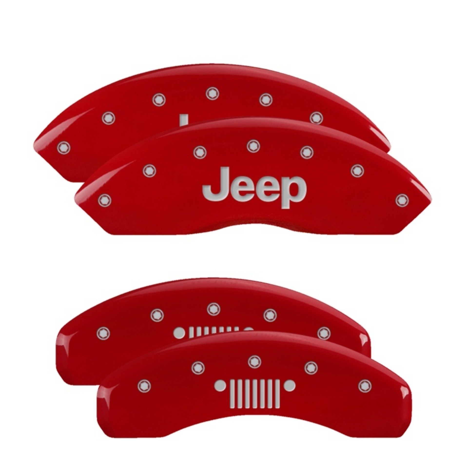 Picture of MGP 4 Caliper Covers Engraved Front Jeep Rear Grill Logo Red Finish Silver Char 2019 Jeep Wrangler