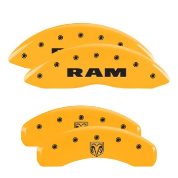 Picture of MGP 4 Caliper Covers Engraved Front Ram Rear Ramhead Yellow Finish Black Char 2019 Ram 1500