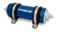 Picture of Fuelab 828 In-Line Fuel Filter Long -8AN In-Out 40 Micron Stainless - Blue