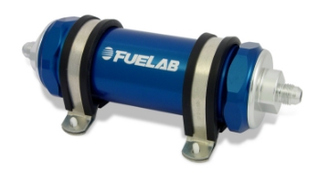 Picture of Fuelab 828 In-Line Fuel Filter Long -10AN In-Out 40 Micron Stainless - Blue