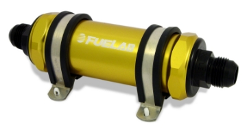 Picture of Fuelab 828 In-Line Fuel Filter Long -10AN In-Out 40 Micron Stainless - Gold