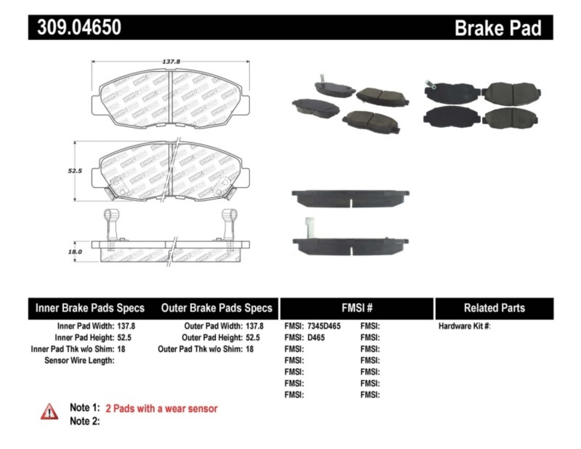 Picture of StopTech Performance 97-99 Acura CL - 94-97 Honda Accord Coupe - 90-97 Accord Sedan Front Brake Pad