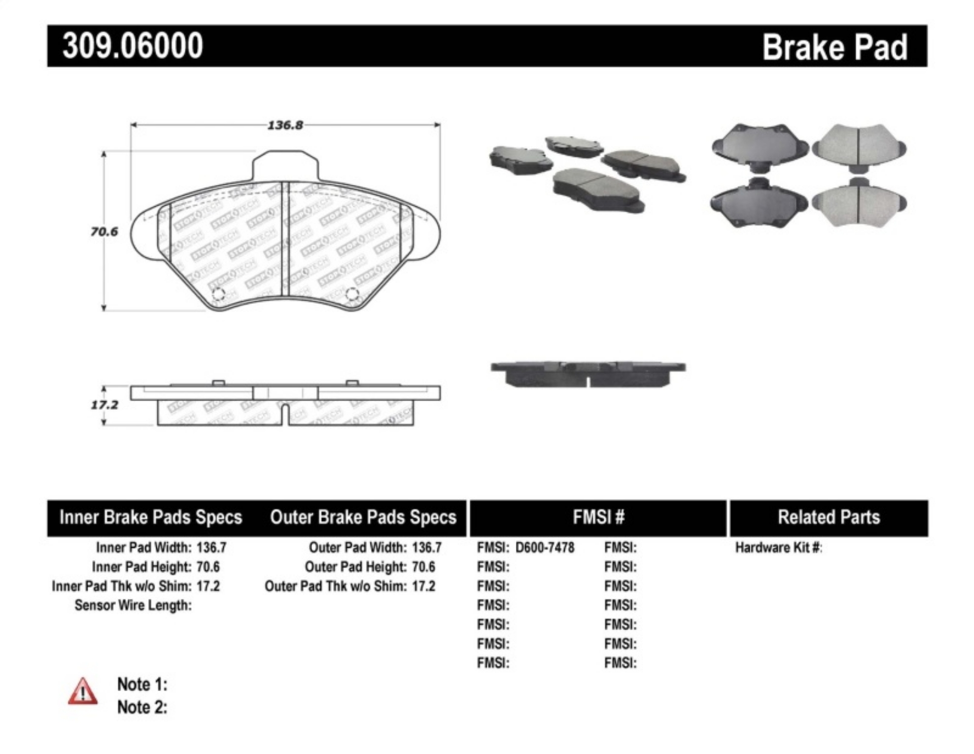 Picture of StopTech Performance 94-98 Ford Mustang - 93-97 Thunderbird - 93-97 Mercury Cougar Front Brake Pads