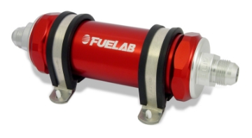 Picture of Fuelab 828 In-Line Fuel Filter Long -10AN In-Out 100 Micron Stainless - Red