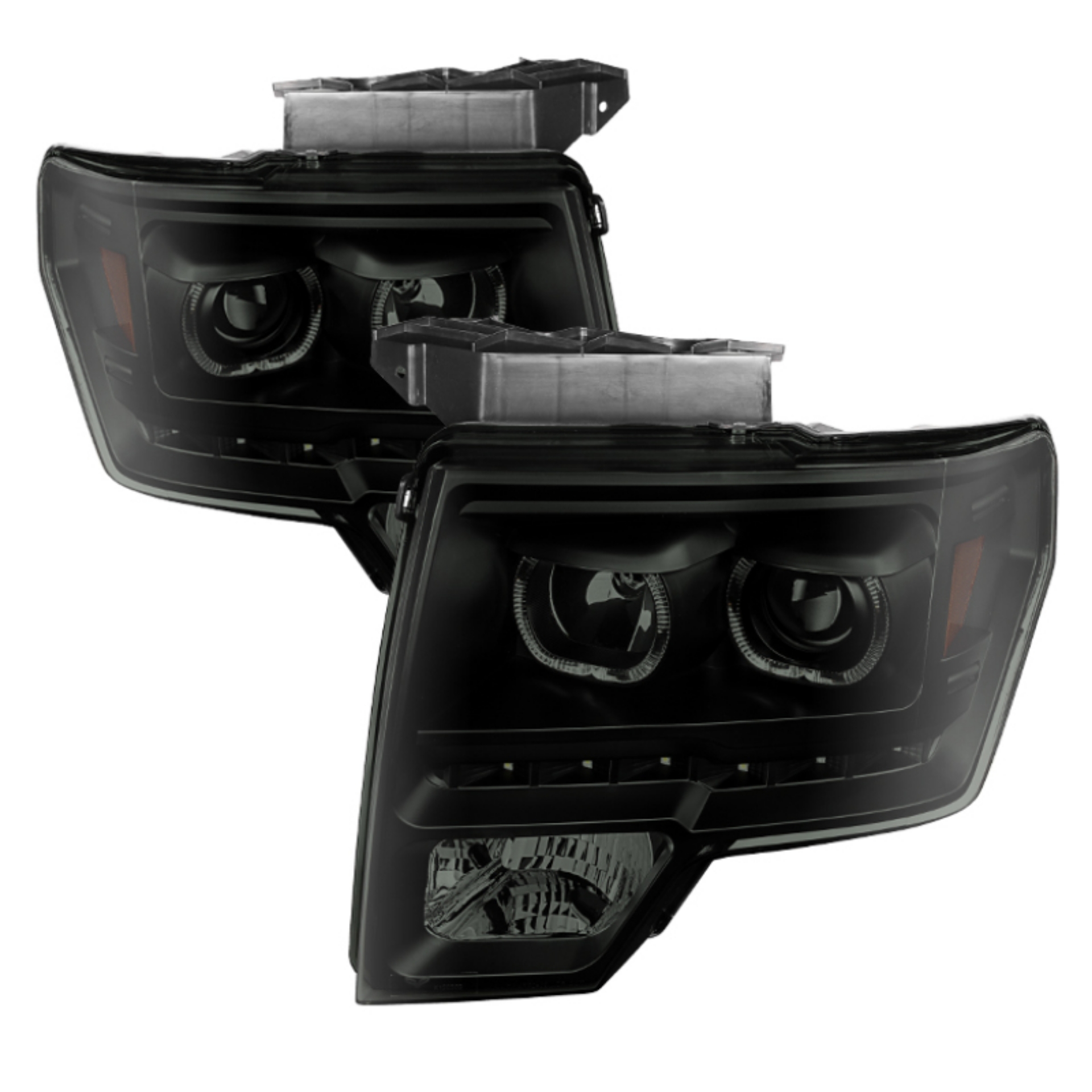 Picture of xTune Ford F150 09-14 Projector Headlights Halogen Model LED Halo Black Smoke PRO-JH-FF15009-CFB-BSM