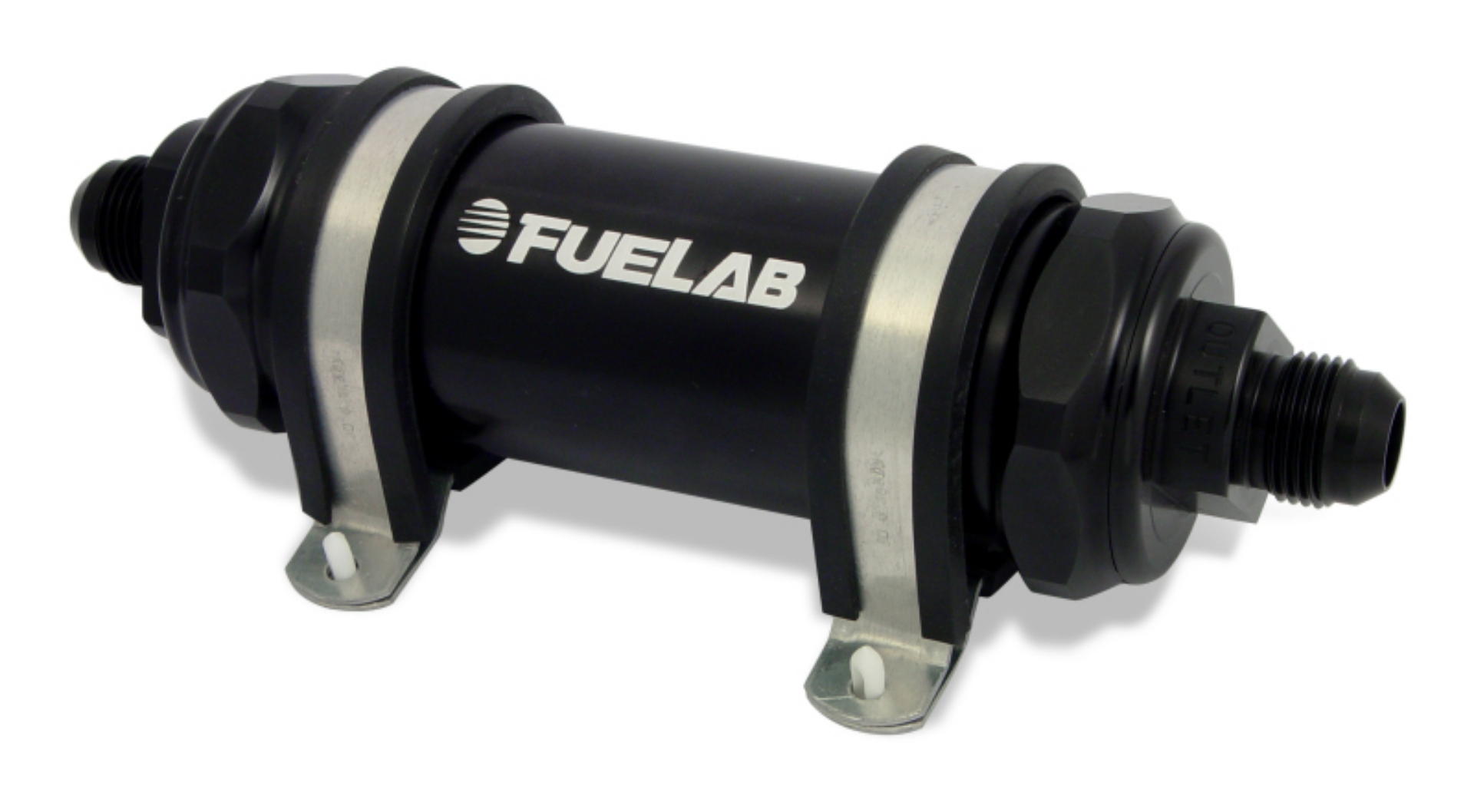 Picture of Fuelab 858 In-Line Fuel Filter Long -8AN In-Out 10 Micron Fabric w-Check Valve - Black