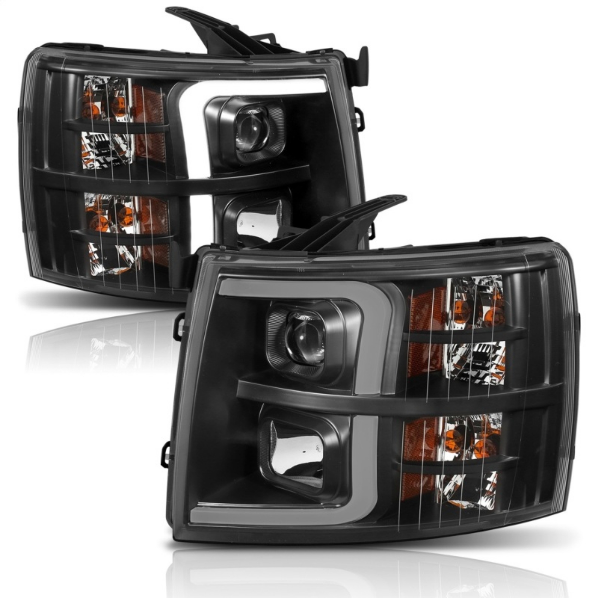 Picture of ANZO 07-13 Chevrolet Silverado 1500 Plank Style Projector Headlights Black w- Amber