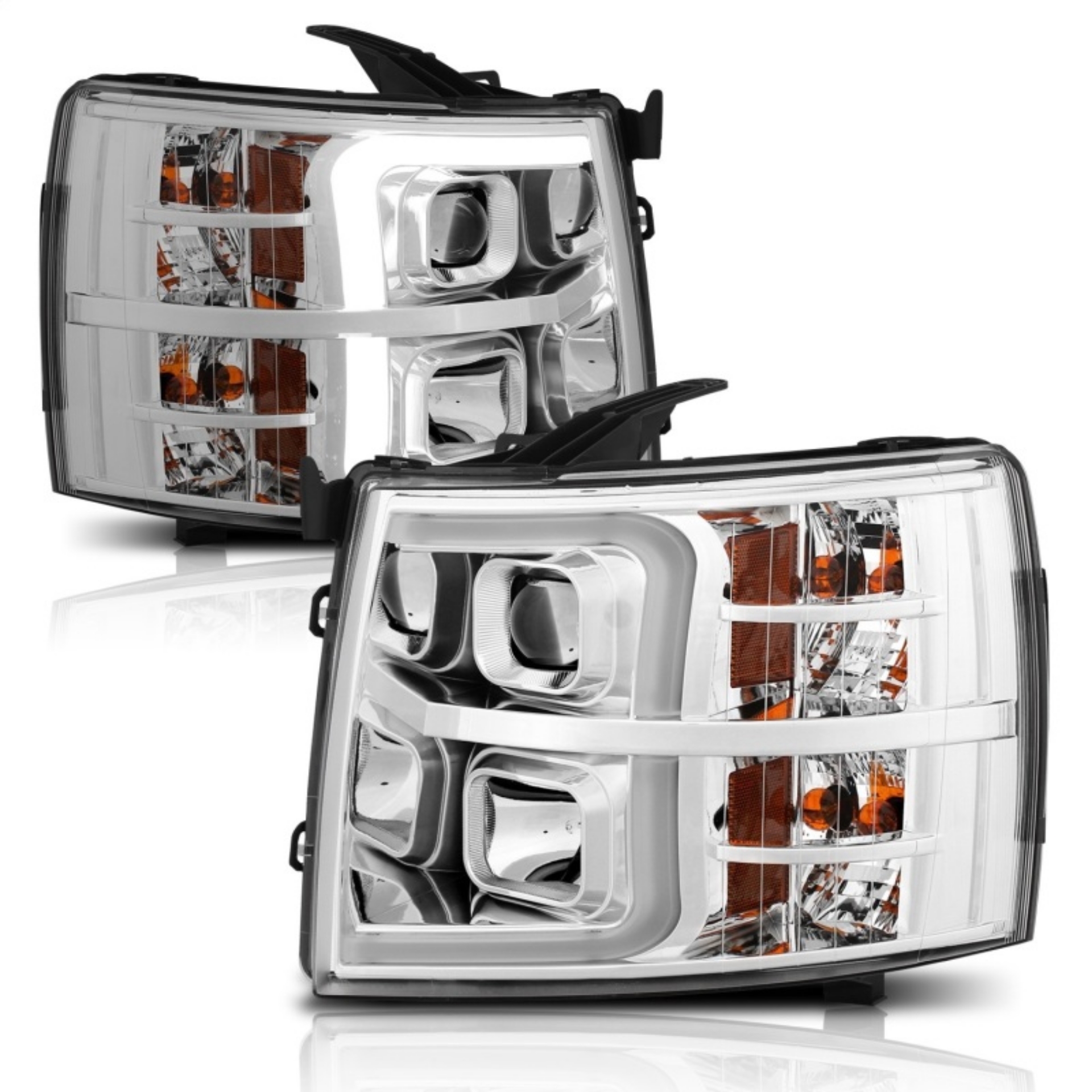 Picture of ANZO 07-13 Chevrolet Silverado 1500-2500-3500 Proj Headlights w- Plank Style Switchback Chrome w-Amb