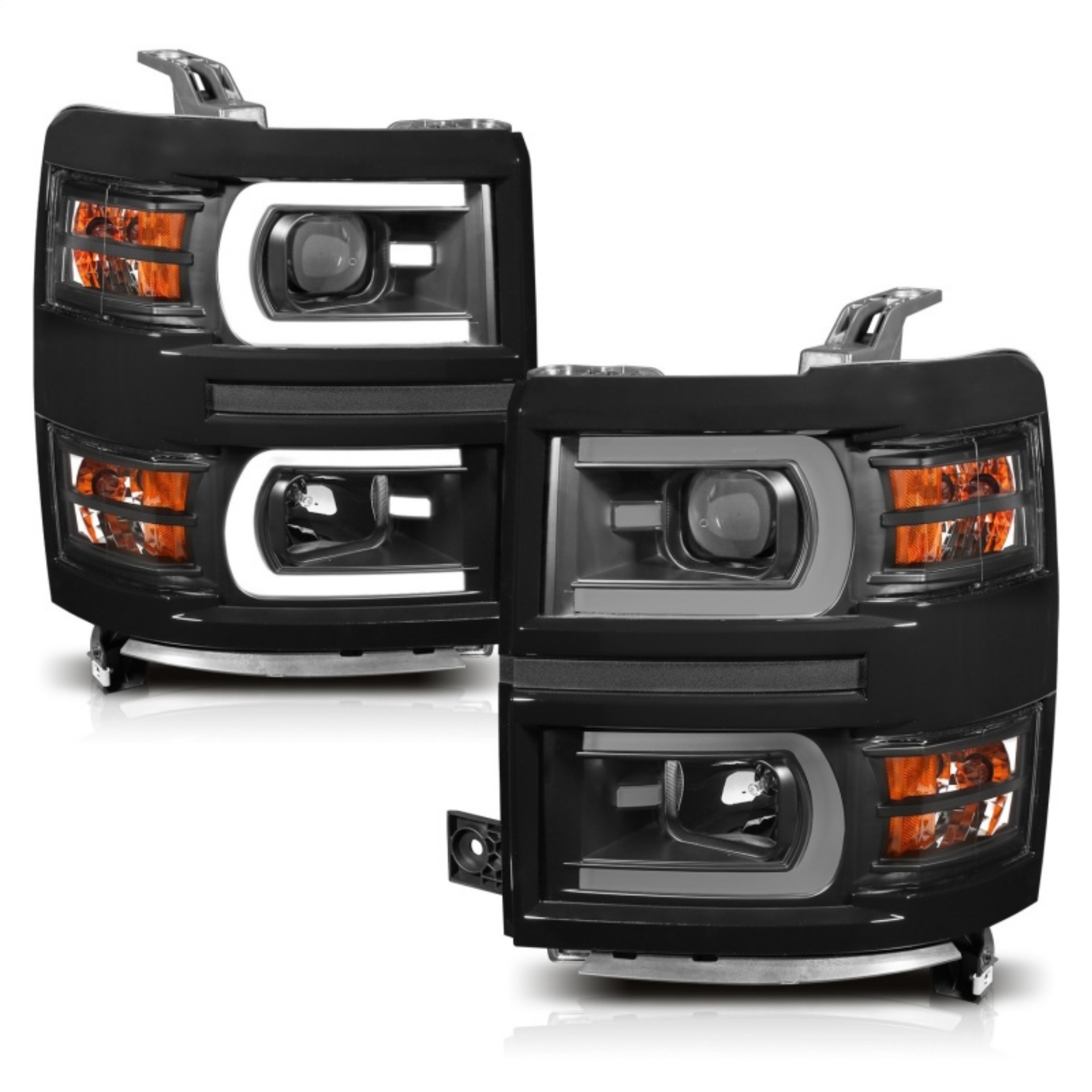 Picture of ANZO 14-15 Chevrolet Silverado 1500 Projector Headlights w- Plank Style Switchback Black w- Amber
