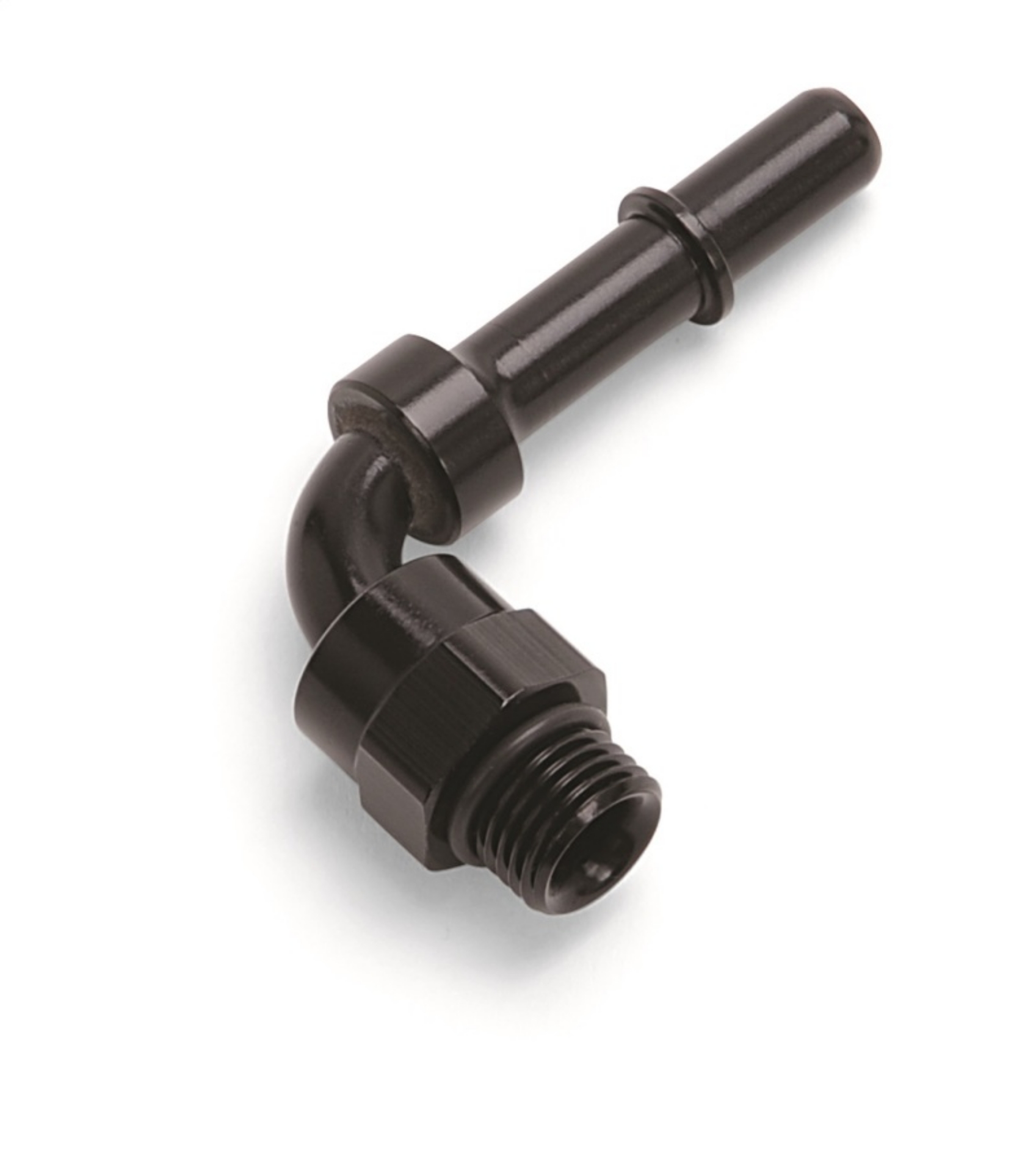 Picture of Russell Performance Adpt Fitting 3-8in SAE Qck Dis Male to #8 SAE Port Male Swvl End 90 Deg Blk Anod