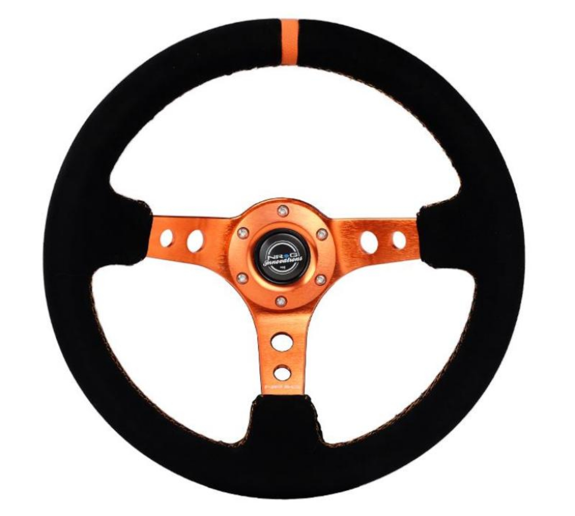 Picture of NRG Reinforced Steering Wheel 350mm- 3in- Deep Black Suede- Orange Center Mark- Orange Stitching