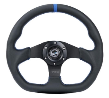 Picture of NRG Reinforced Steering Wheel 320mm Sport Leather Flat Bottom w- Blue Center- Blue Stitching