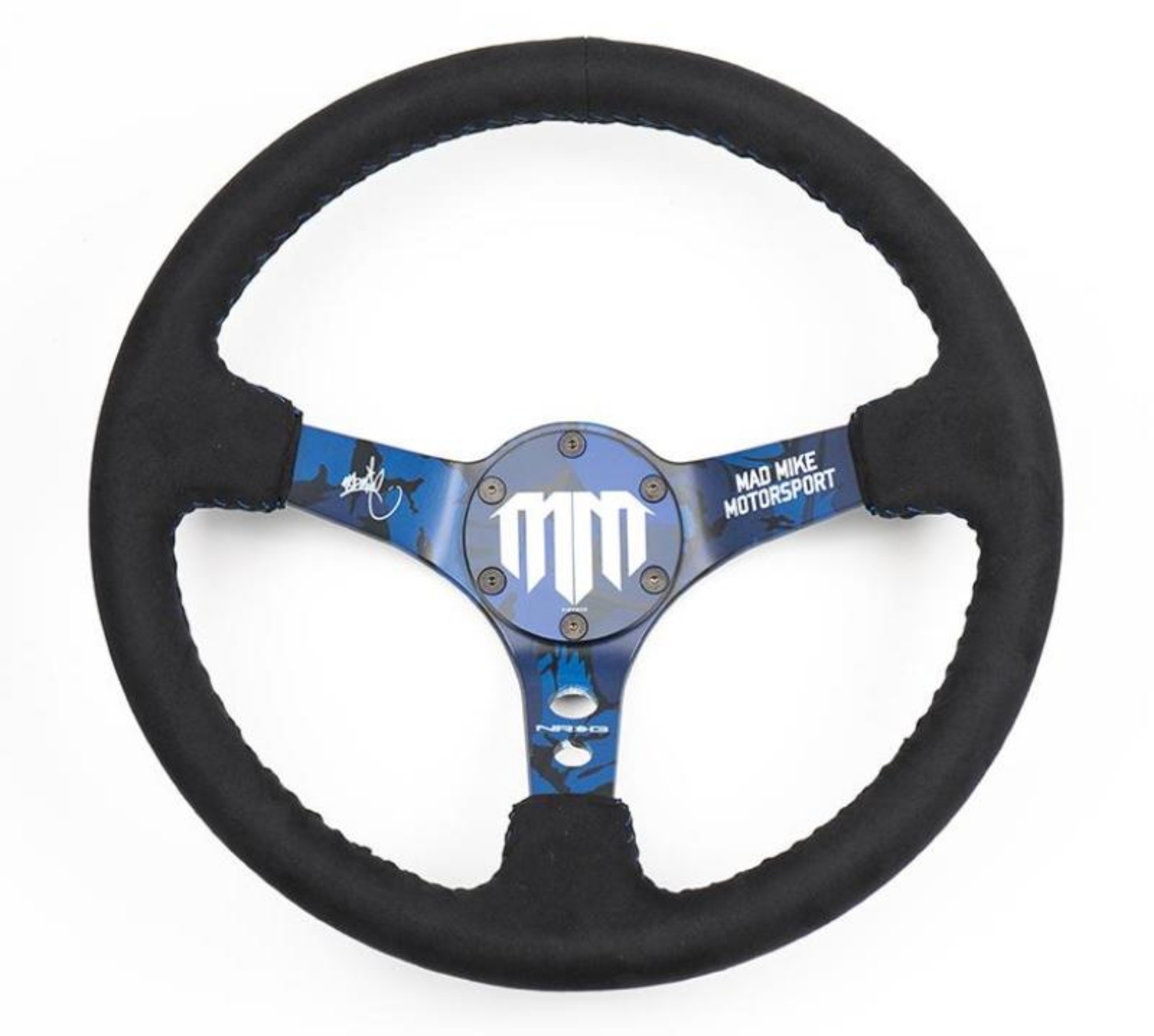 Picture of NRG Reinforced Steering Wheel 3in- Deep Mad Mike- 5mm Spoke -Alcantara Finish w- Blue Stitching