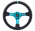 Picture of NRG Reinforce Steering Wheel 350mm - 3in- Deep Blk Leather, Teal Center Mark w- Teal Stitching