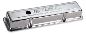 Picture of Moroso Chevrolet Small Block Valve Cover - w-Baffle - Stock Height - Stamped Steel Chrome Plated