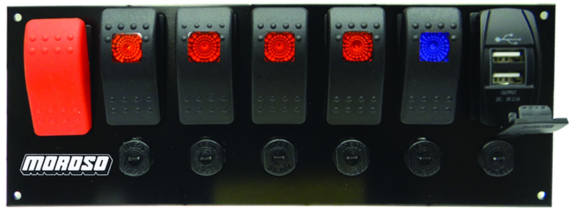 Picture of Moroso Rocker Switch Panel - Flat Surface Mount - LED w-USB - 3-388in x 9-15in -Five On-Off Switches