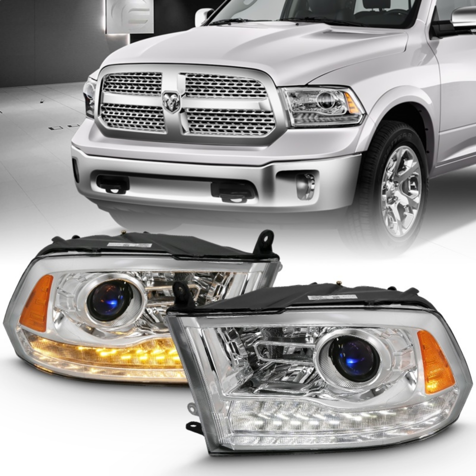 Picture of ANZO 2009-2018 Dodge Ram 1500 Projector Plank Style Switchback H-L Halo Chrome Amber OE Style