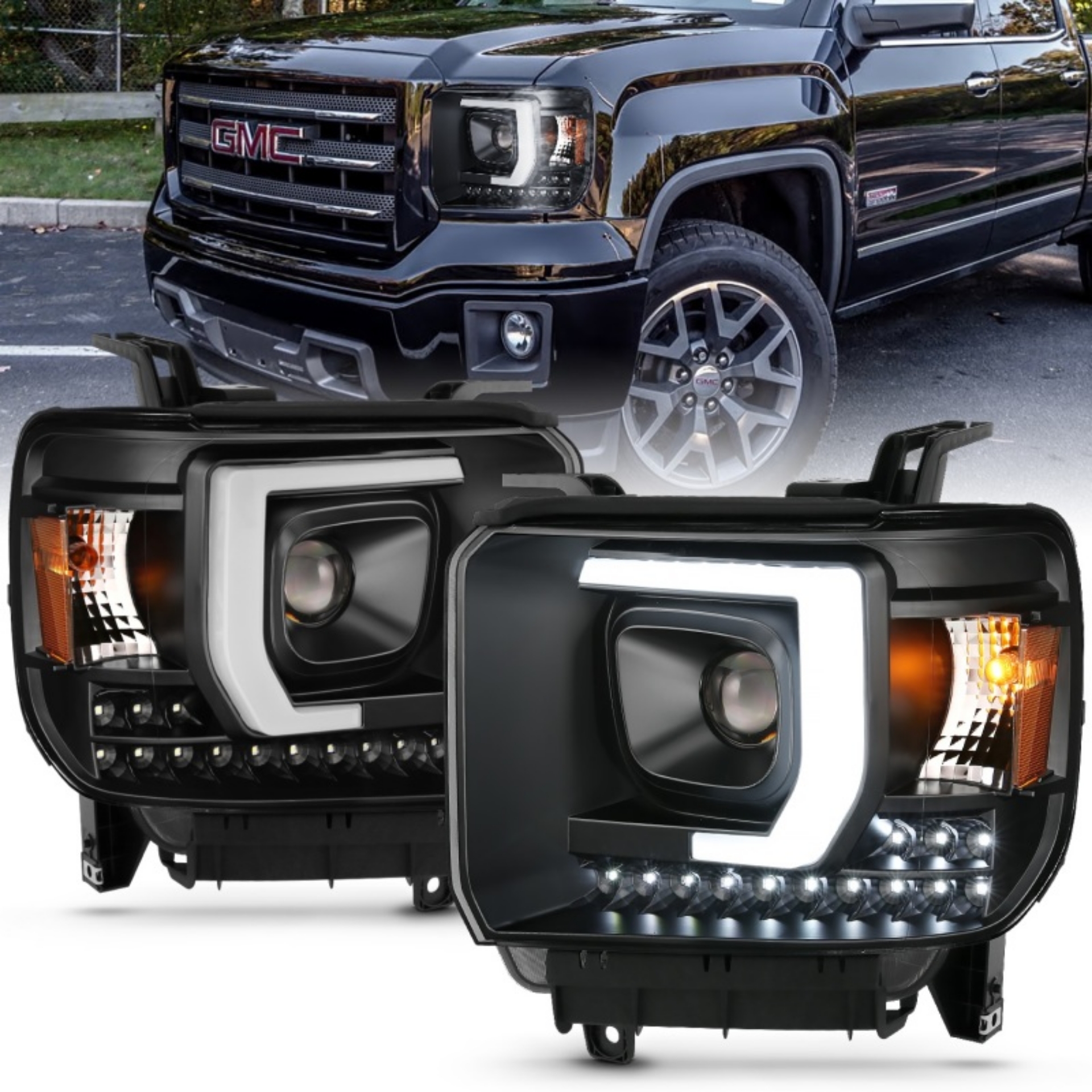 Picture of ANZO 2014-2015 GMC Sierra 1500HD Projector Plank Style Headlight Black W- DRL