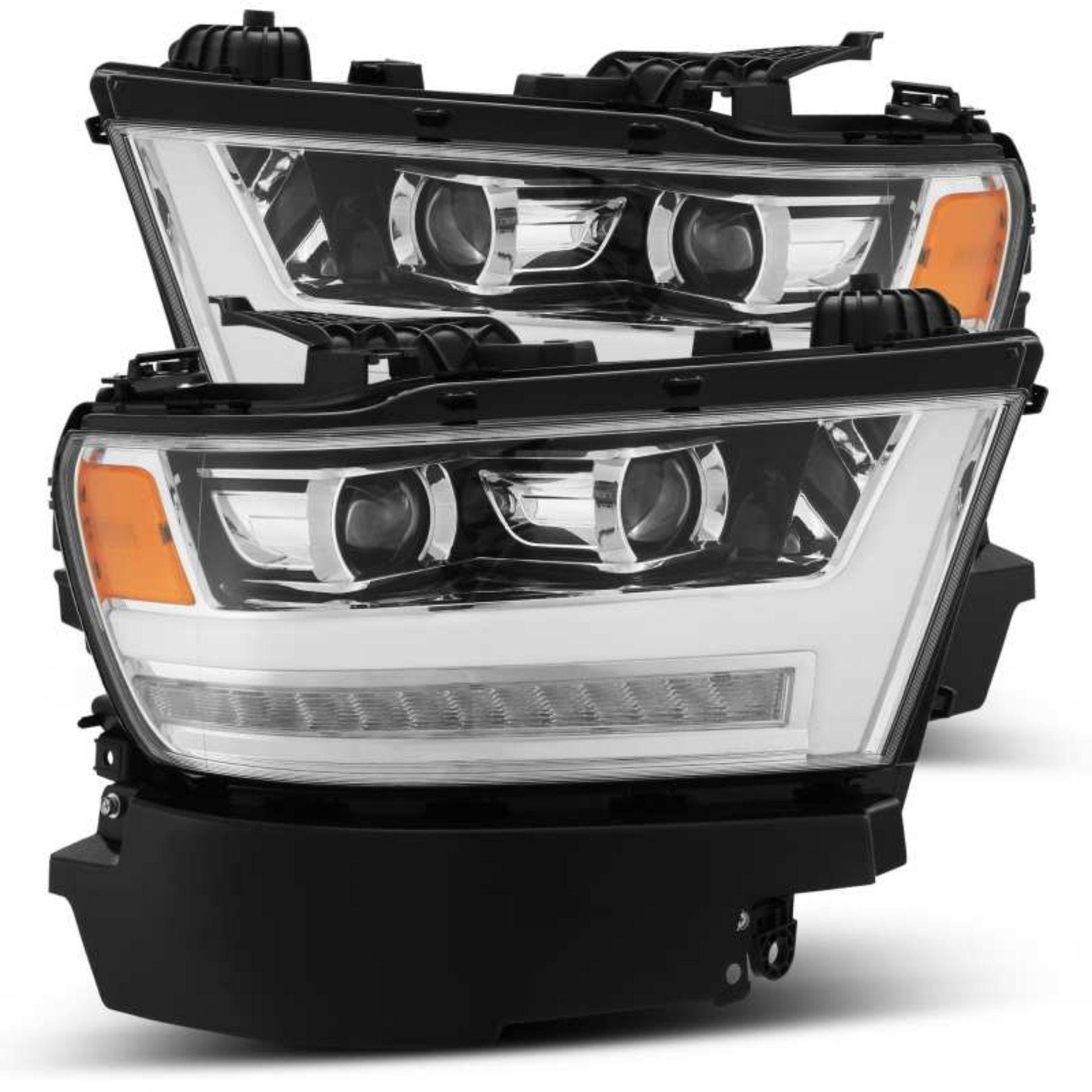 Picture of AlphaRex 19-20 Dodge Ram 1500 LUXX LED Proj Headlights Plank Chrome w-Activ Light-Seq Signal-DRL